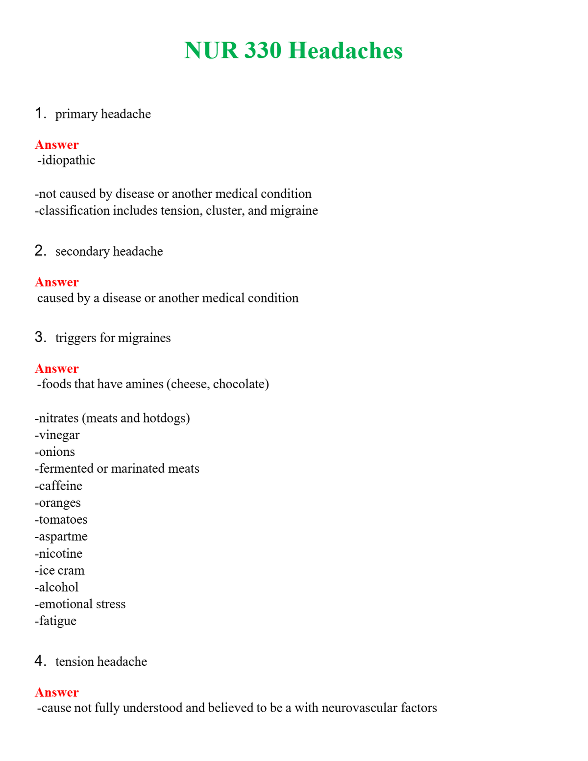 NUR 330 HEADACHES | A SOLVED 100% CORRECT
