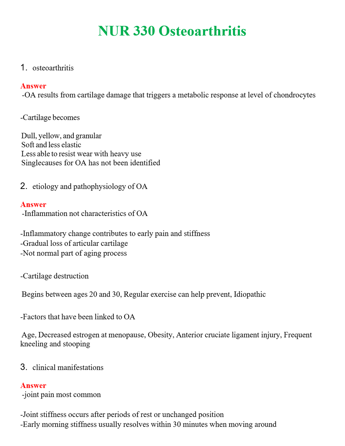 NUR 330 OSTEOARTHRITIS | QUESTIONS AND ANSWERS INCLUDED