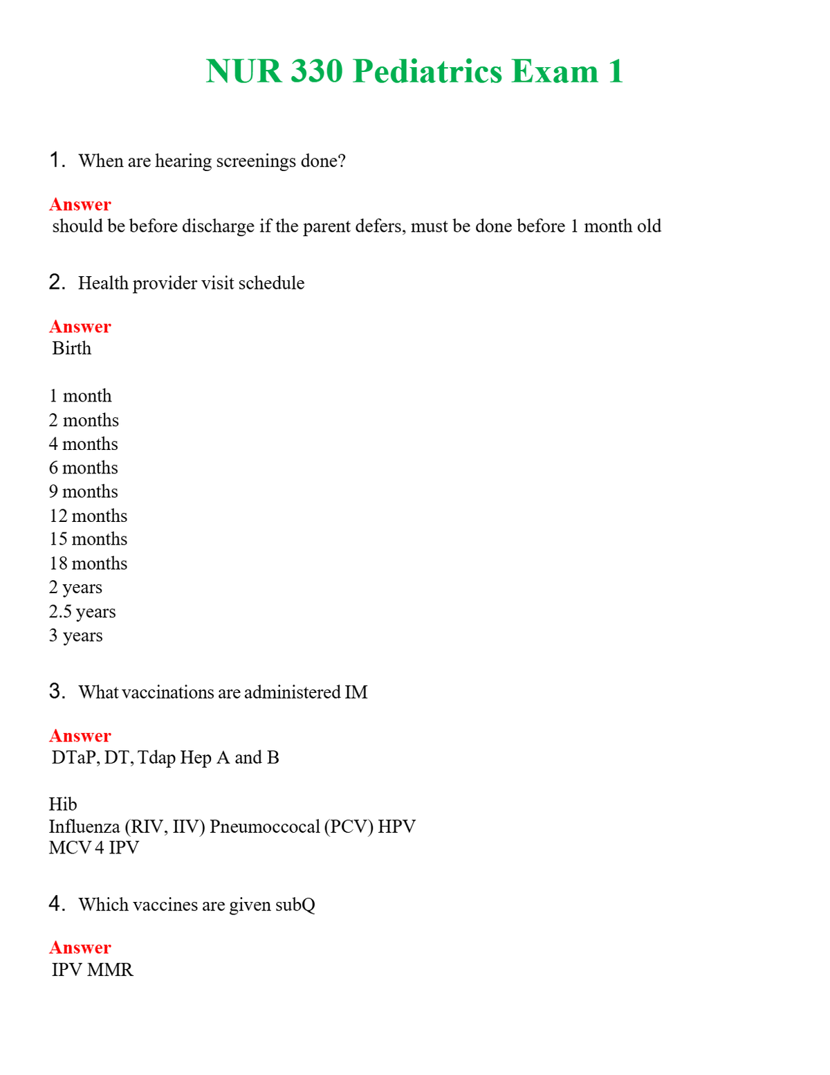NUR 330 PEDIATRICS EXAM 1 | ALL Q&AS BRAND NEW GUARANTEED A+++