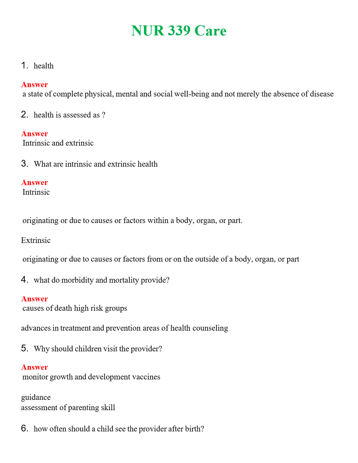 NUR 339 CARE | NEW FULL QUESTIONS AND ANSWERS 100% CORRECT