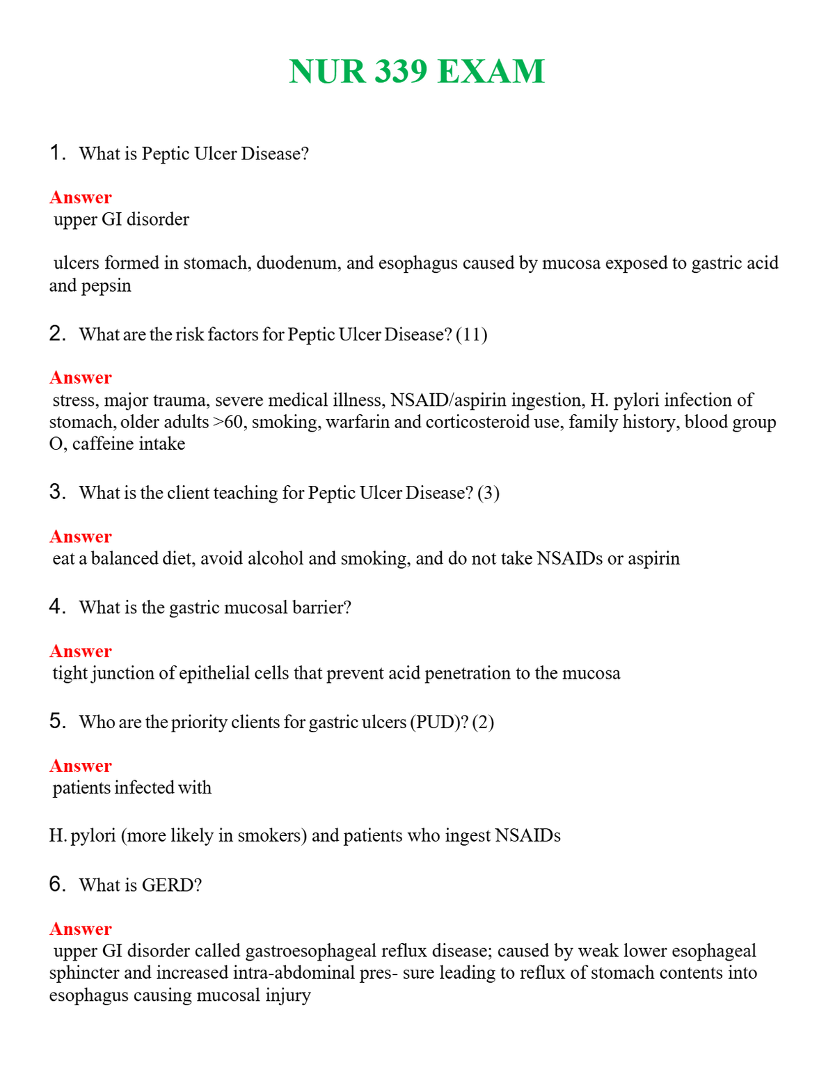 NUR 339 EXAM | ACTUAL QUESTIONS AND ANSWERS 100% CORRECT