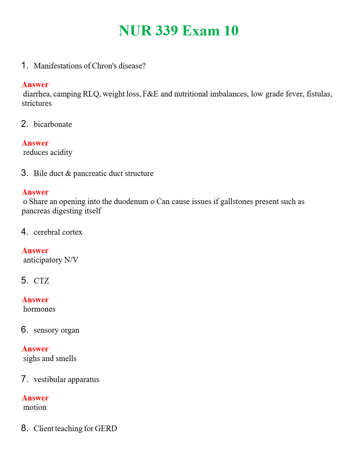 NUR 339 EXAM 10 | LATEST QUESTIONS WITH COMPLETE GRADE A++ ANSWERS