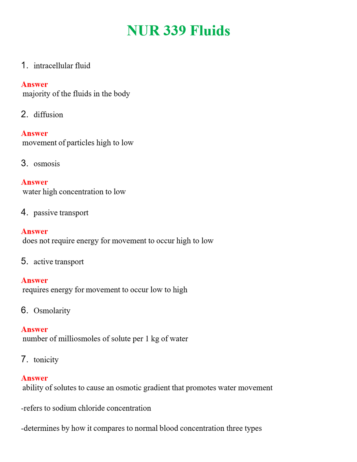 NUR 339 FLUIDS | QUESTIONS & ANSWERS (SOLVED)