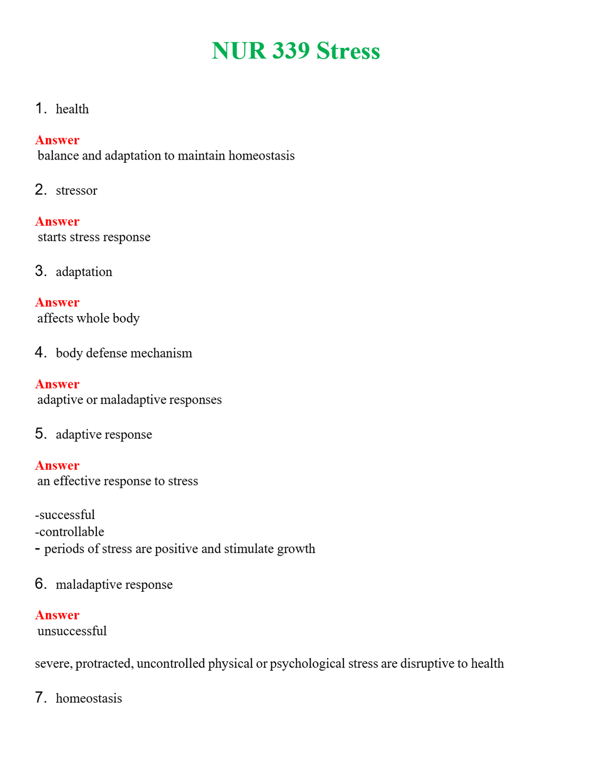 NUR 339 STRESS | GRADED A+ QUESTIONS AND ANSWERS (SOLVED)
