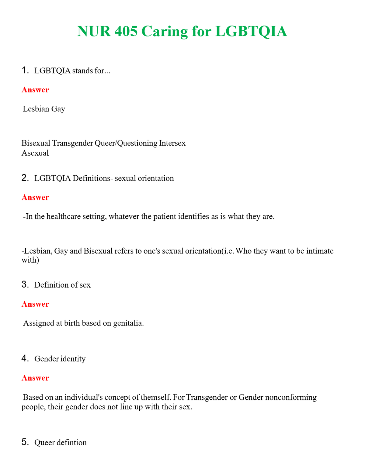 NUR 405 CARING FOR LGBTQIA | COMPLETE ANSWERS 100% CORRECT