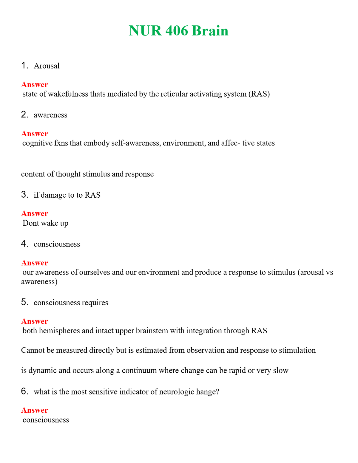 NUR 406 BRAIN | NEW FULL QUESTIONS AND ANSWERS 100% CORRECT