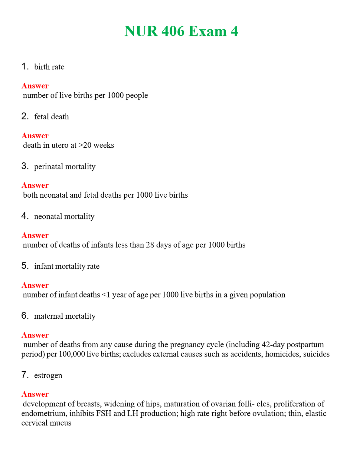 NUR 406 EXAM 4 | QUESTIONS AND ANSWERS INCLUDED