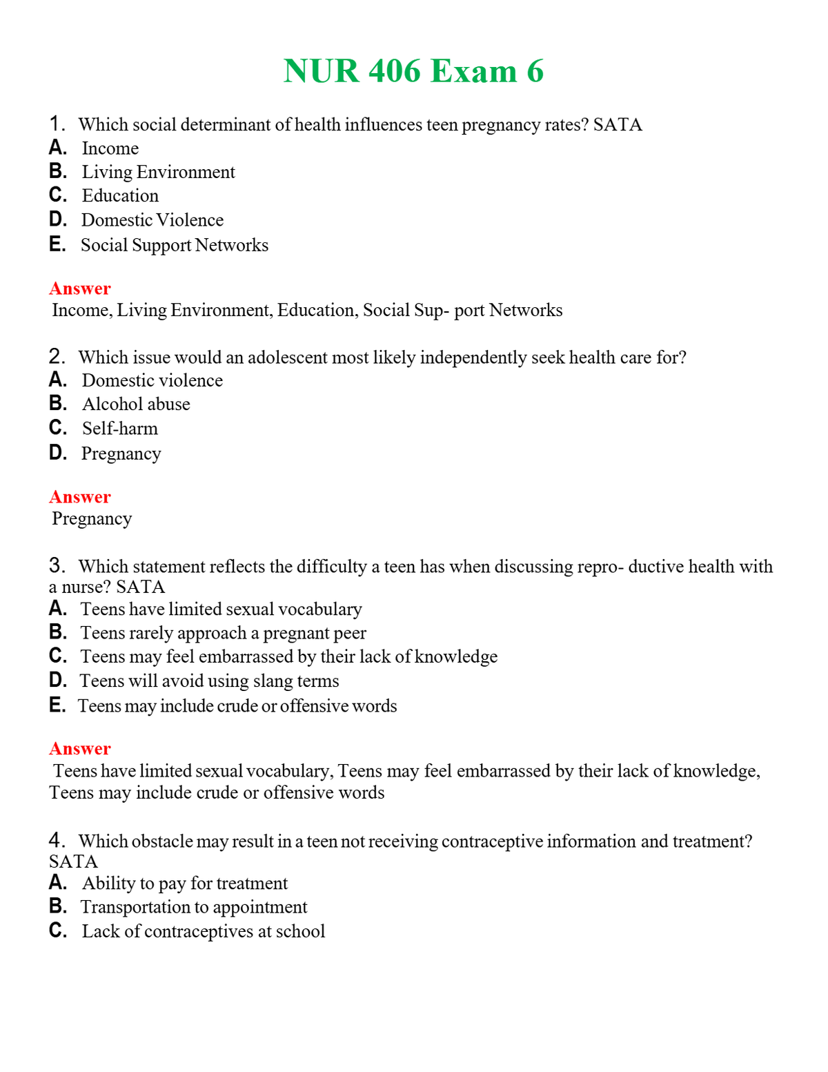NUR 406 EXAM 6 | QUESTIONS AND ANSWERS INCLUDED