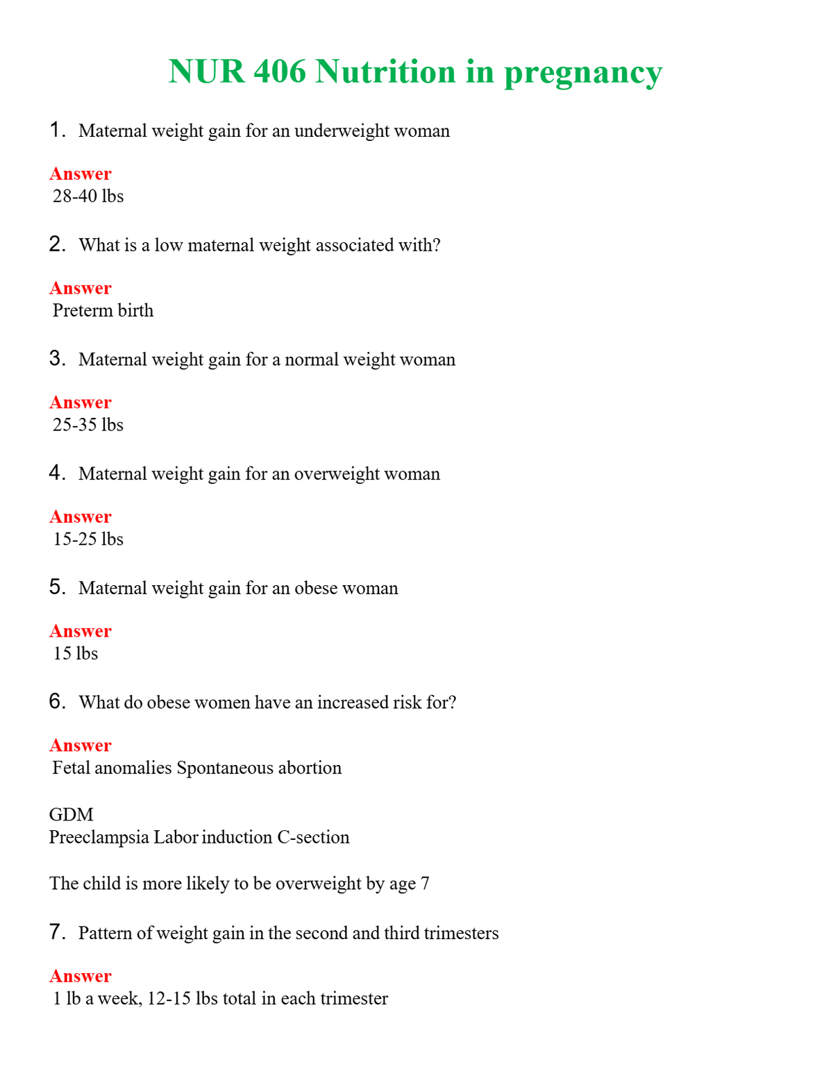 NUR 406 NUTRITION IN PREGNANCY | PASSED | A+ RATED GUIDE | NEW FULL EXAM
