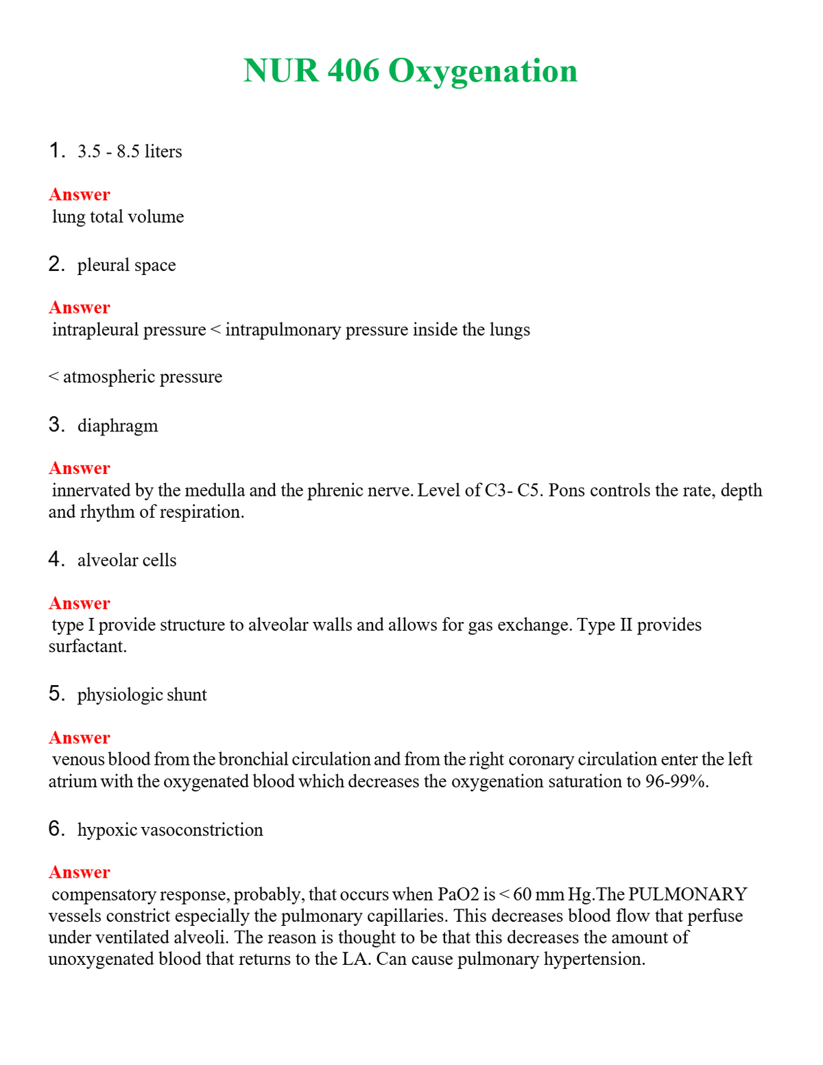 NUR 406 OXYGENATION | GRADED A+ QUESTIONS AND ANSWERS (SOLVED)