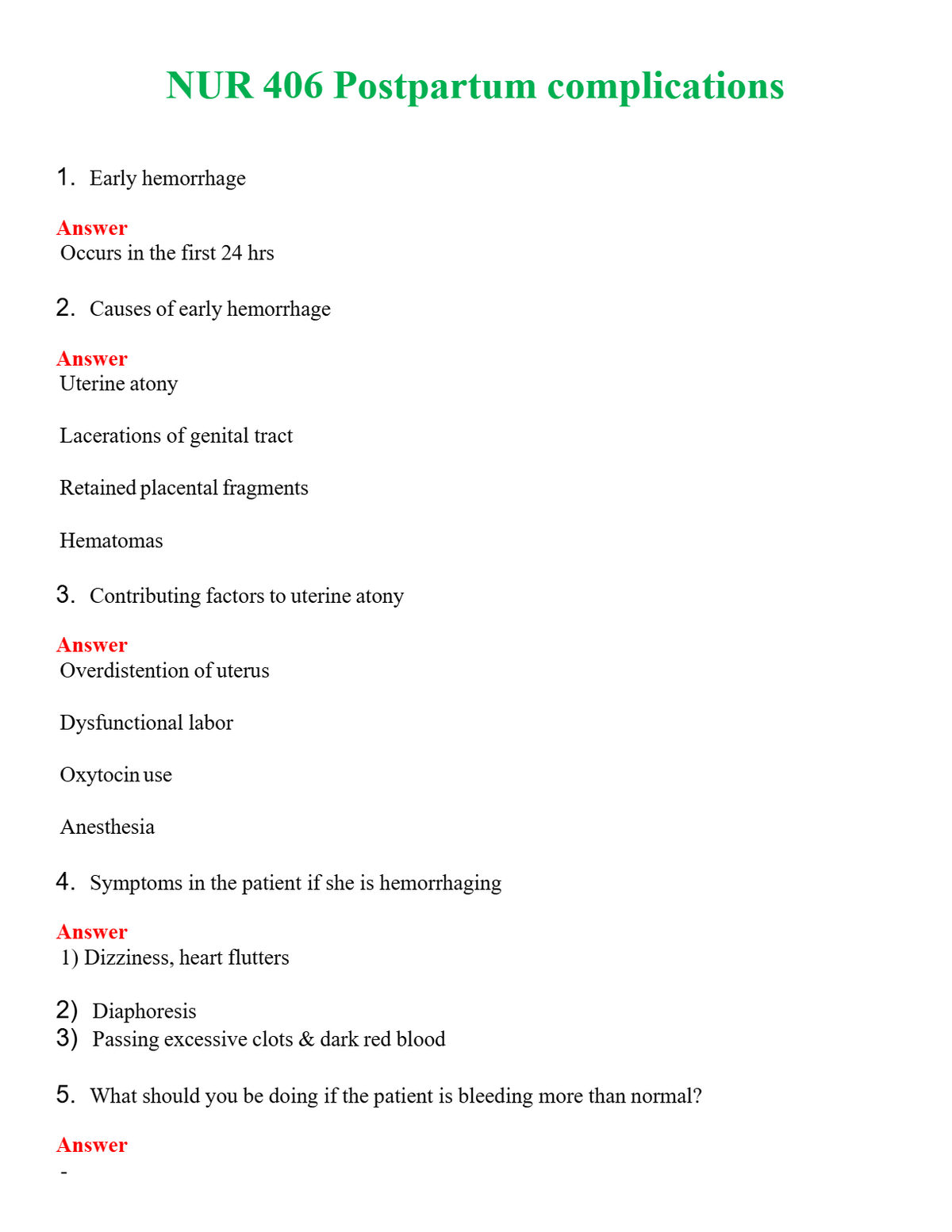NUR 406 POSTPARTUM COMPLICATIONS | NEW FULL QUESTIONS AND ANSWERS 100% CORRECT