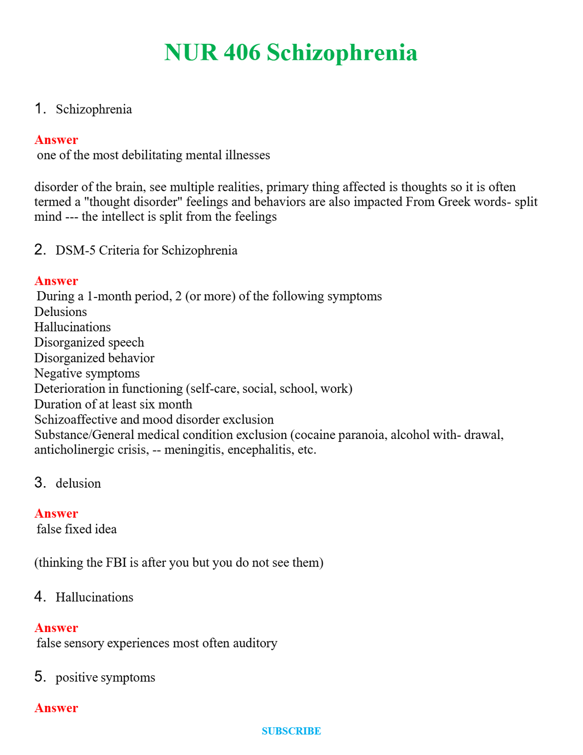 NUR 406 SCHIZOPHRENIA | QUESTIONS AND ANSWERS INCLUDED