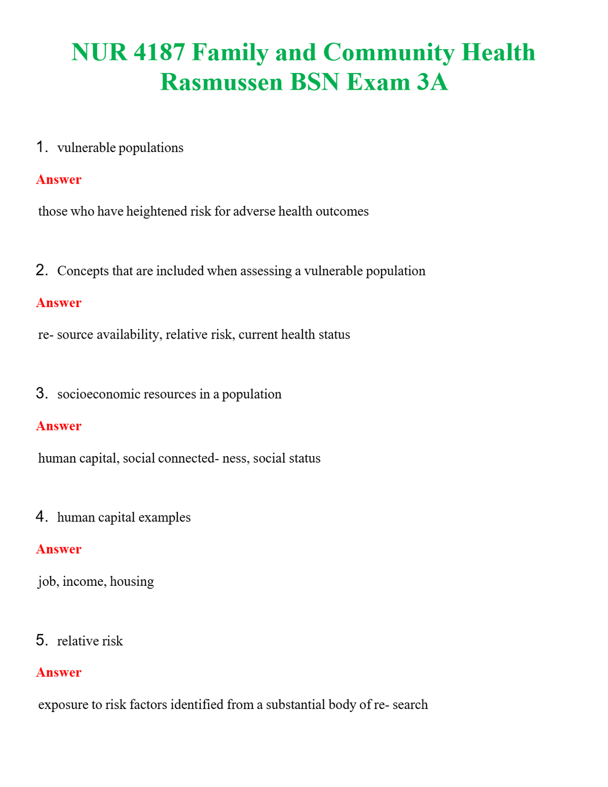 NUR 4187 FAMILY AND COMMUNITY HEALTH RASMUSSEN BSN EXAM 3A | COMPLETE ANSWERS 100% CORRECT