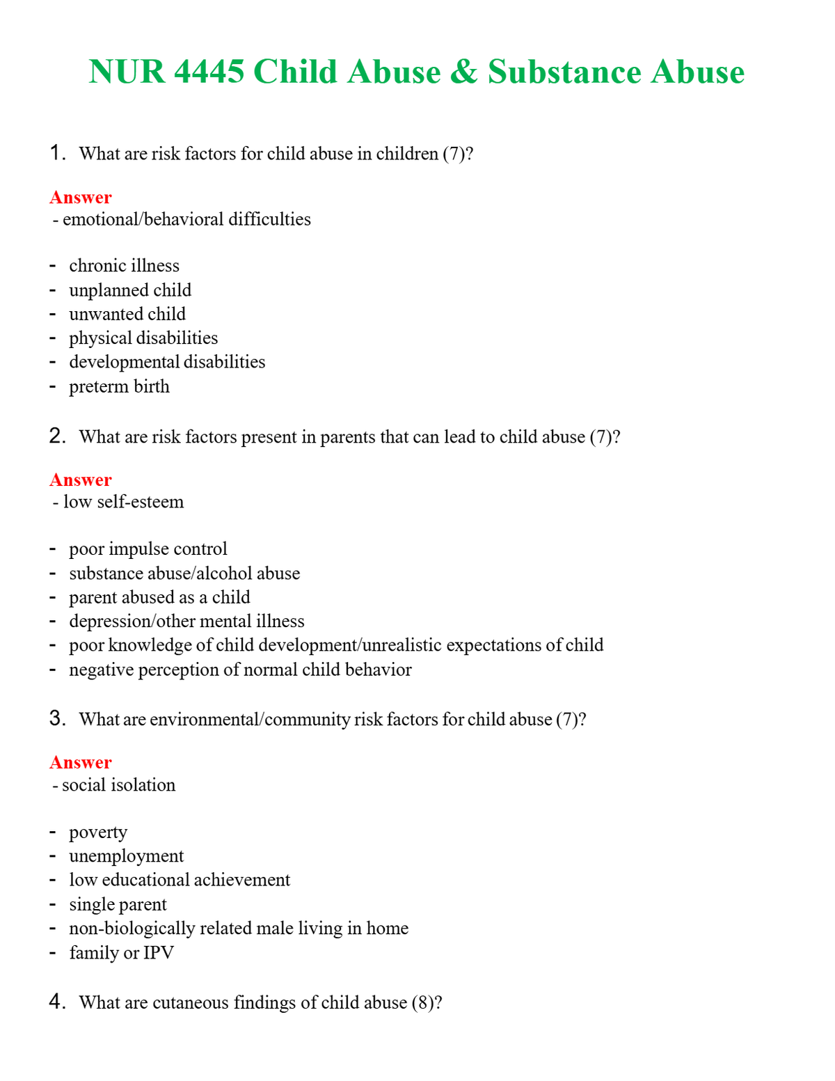NUR 4445 CHILD ABUSE & SUBSTANCE ABUSE | NEW FULL QUESTIONS AND ANSWERS 100% CORRECT