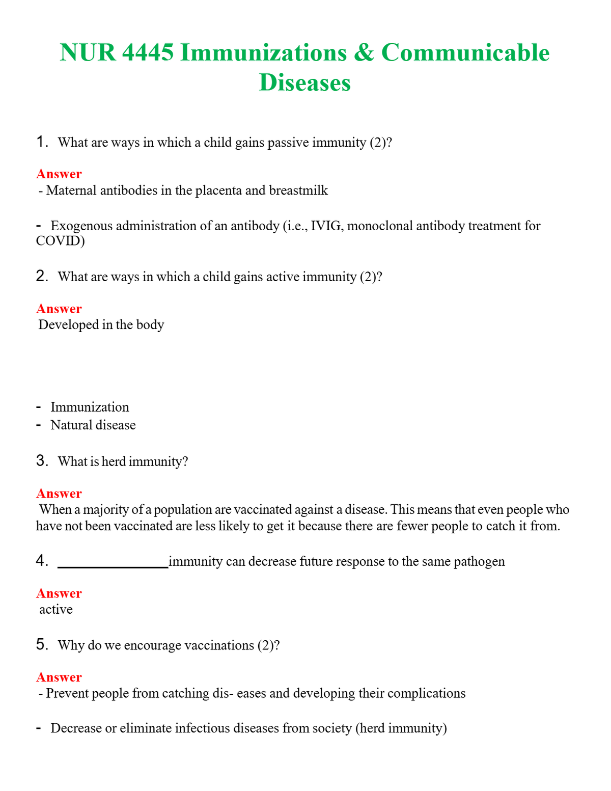 NUR 4445 IMMUNIZATIONS & COMMUNICABLE DISEASES | QUESTIONS & ANSWERS (SOLVED)