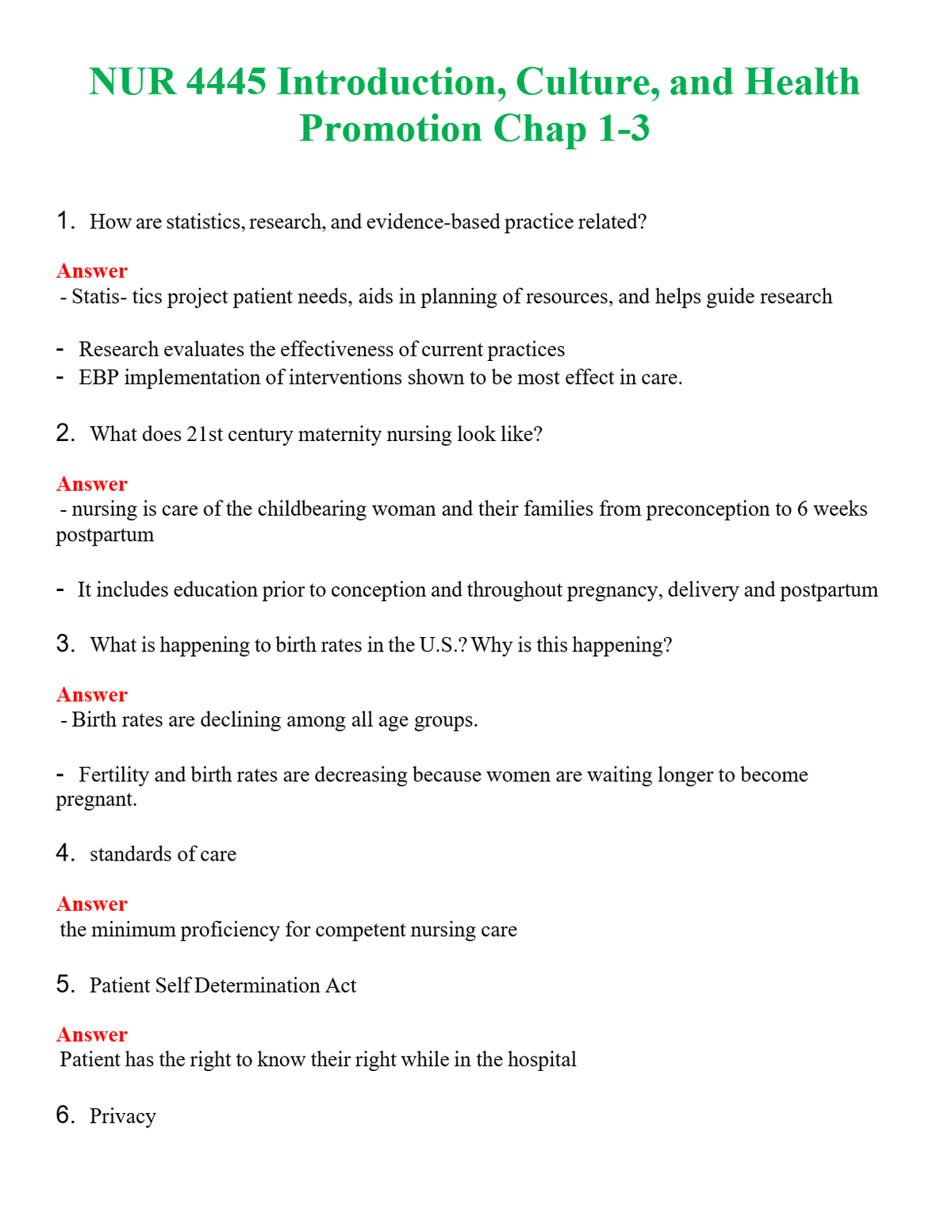 NUR 4445 INTRODUCTION, CULTURE, AND HEALTH PROMOTION CHAP 1-3 | PASSED | A+ RATED GUIDE | NEW FULL EXAM