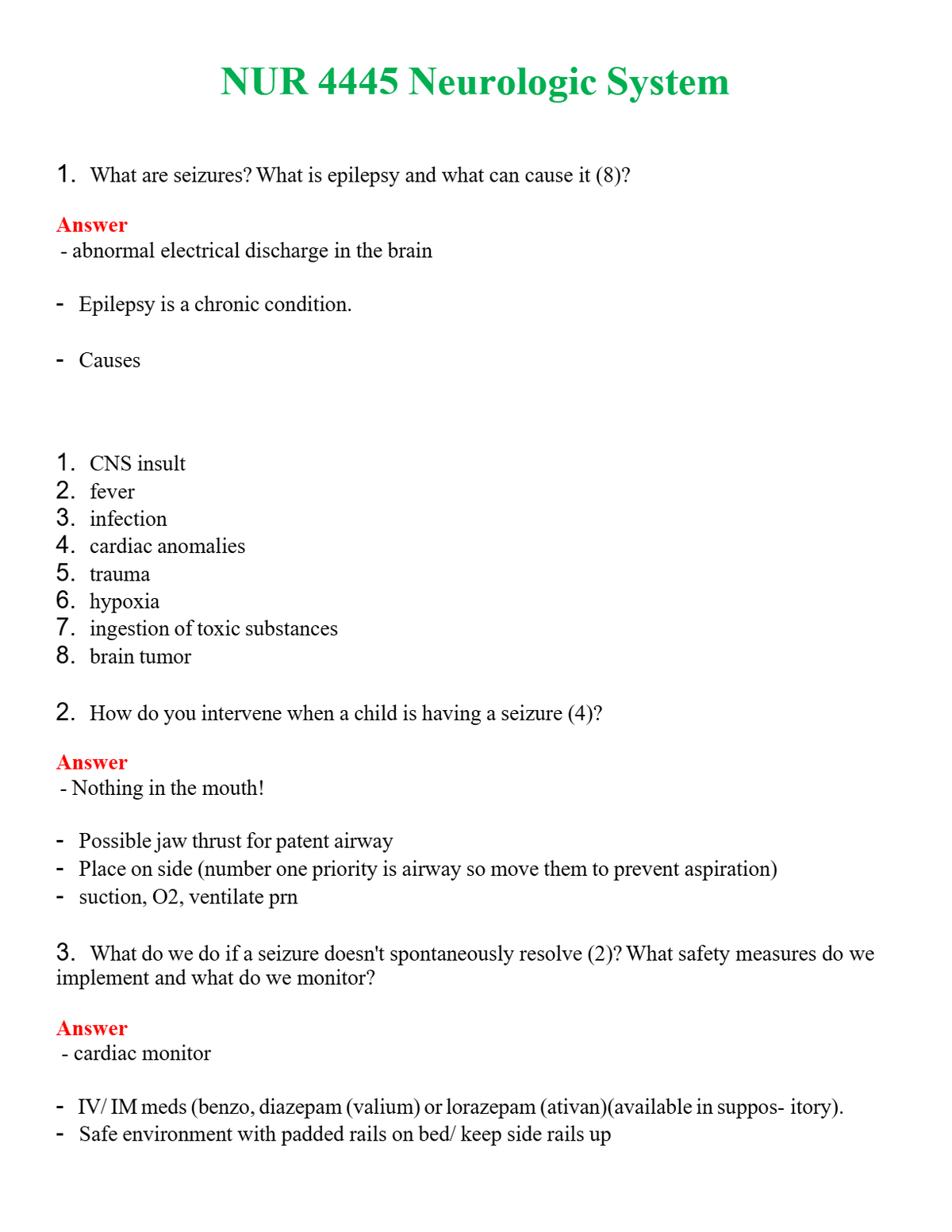 NUR 4445 NEUROLOGIC SYSTEM | QUESTIONS AND ANSWERS INCLUDED