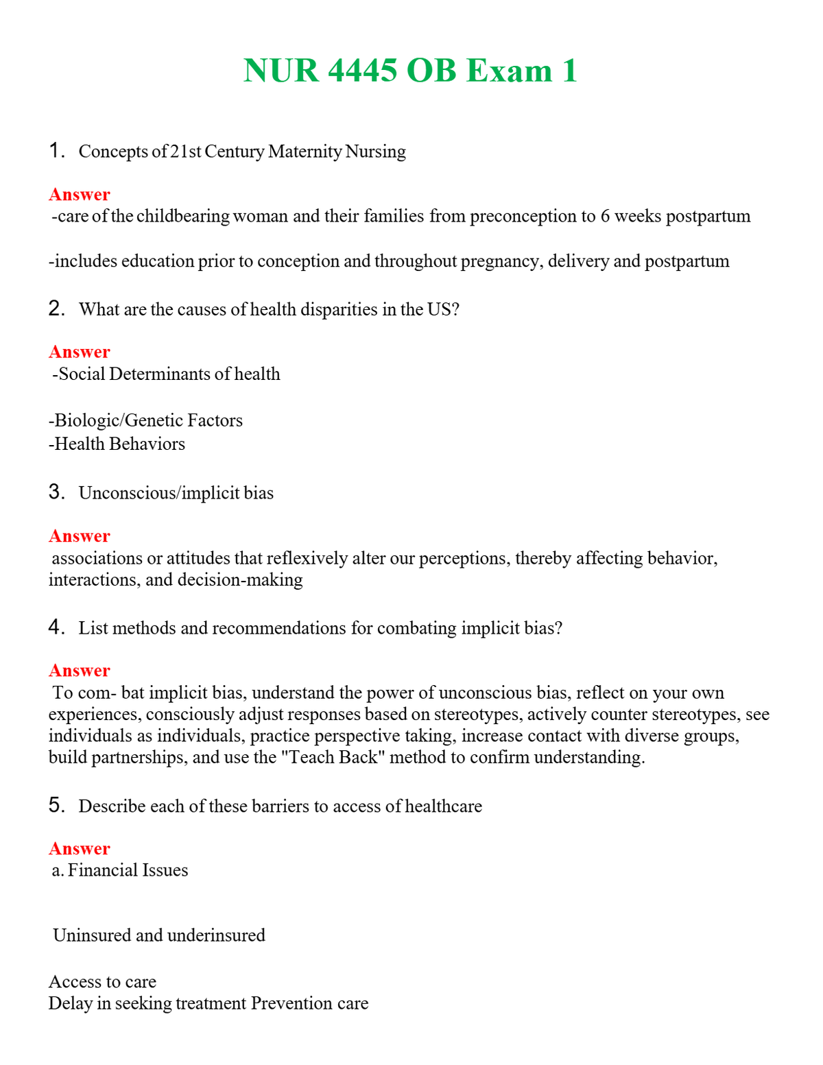 NUR 4445 OB EXAM 1 | ACTUAL QUESTIONS AND ANSWERS 100% CORRECT