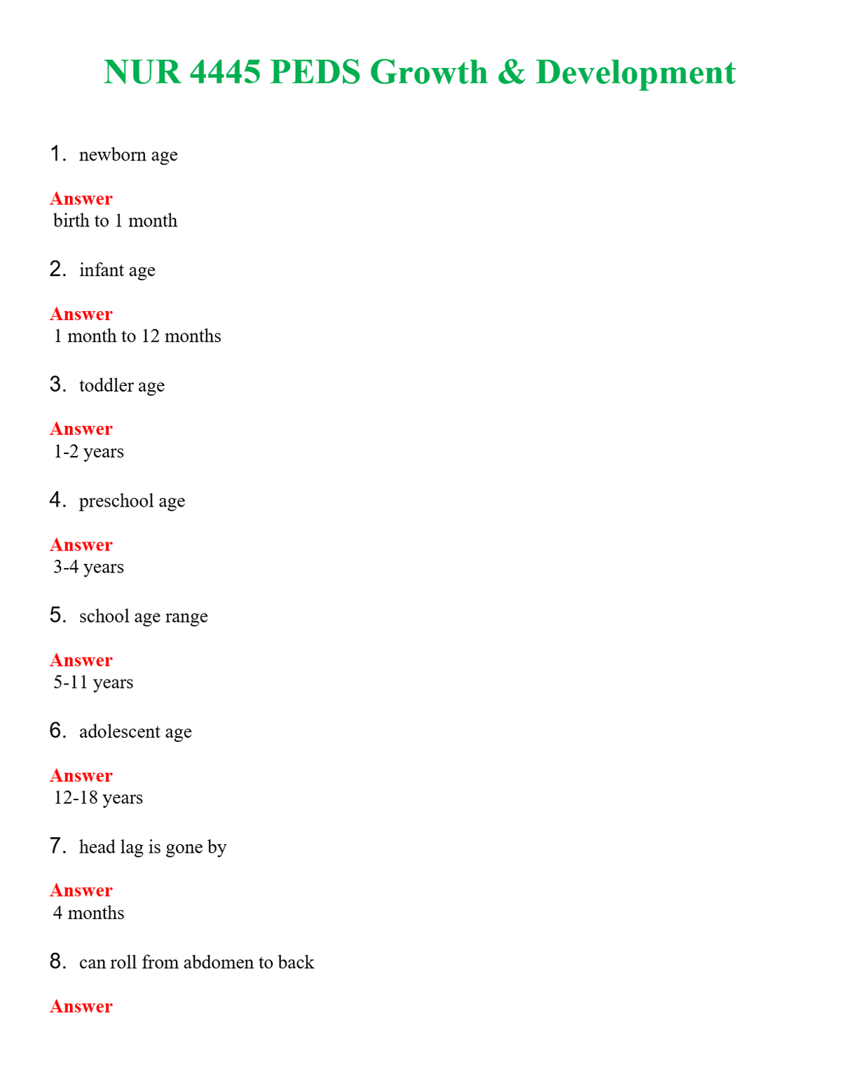 NUR 4445 PEDS GROWTH & DEVELOPMENT | QUESTIONS AND ANSWERS INCLUDED
