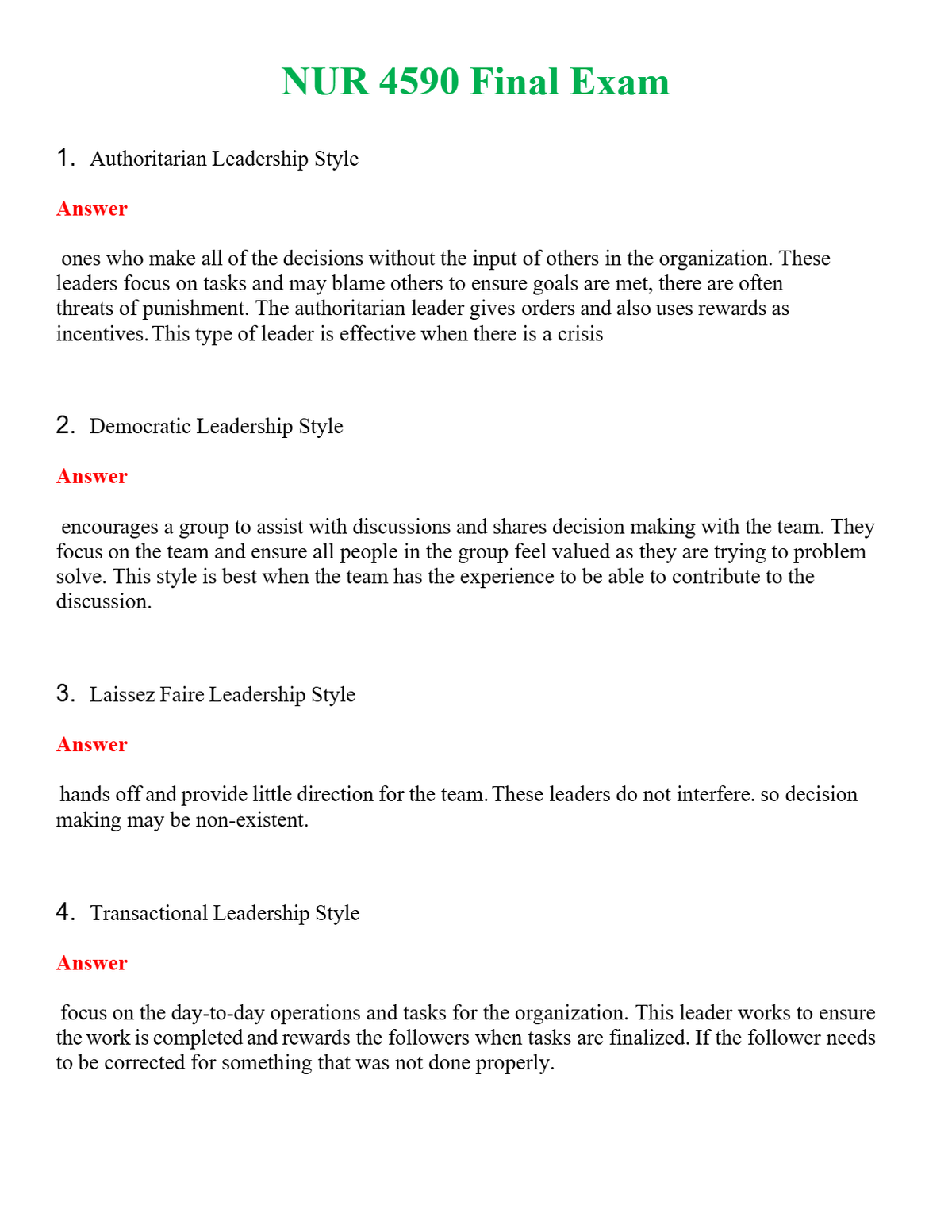 NUR 4590 FINAL EXAM | GRADED A+ QUESTIONS & ANSWERS