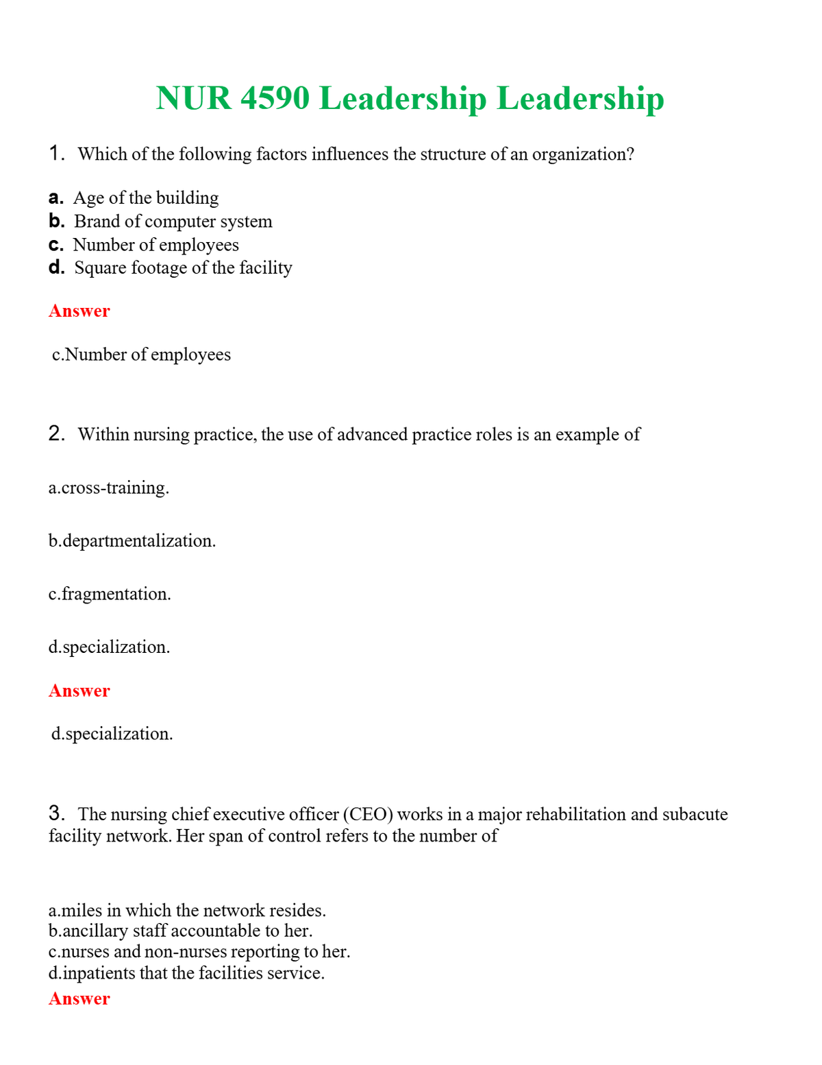 NUR 4590 LEADERSHIP EXAM 2 | PASSED | A+ RATED GUIDE | NEW FULL EXAM