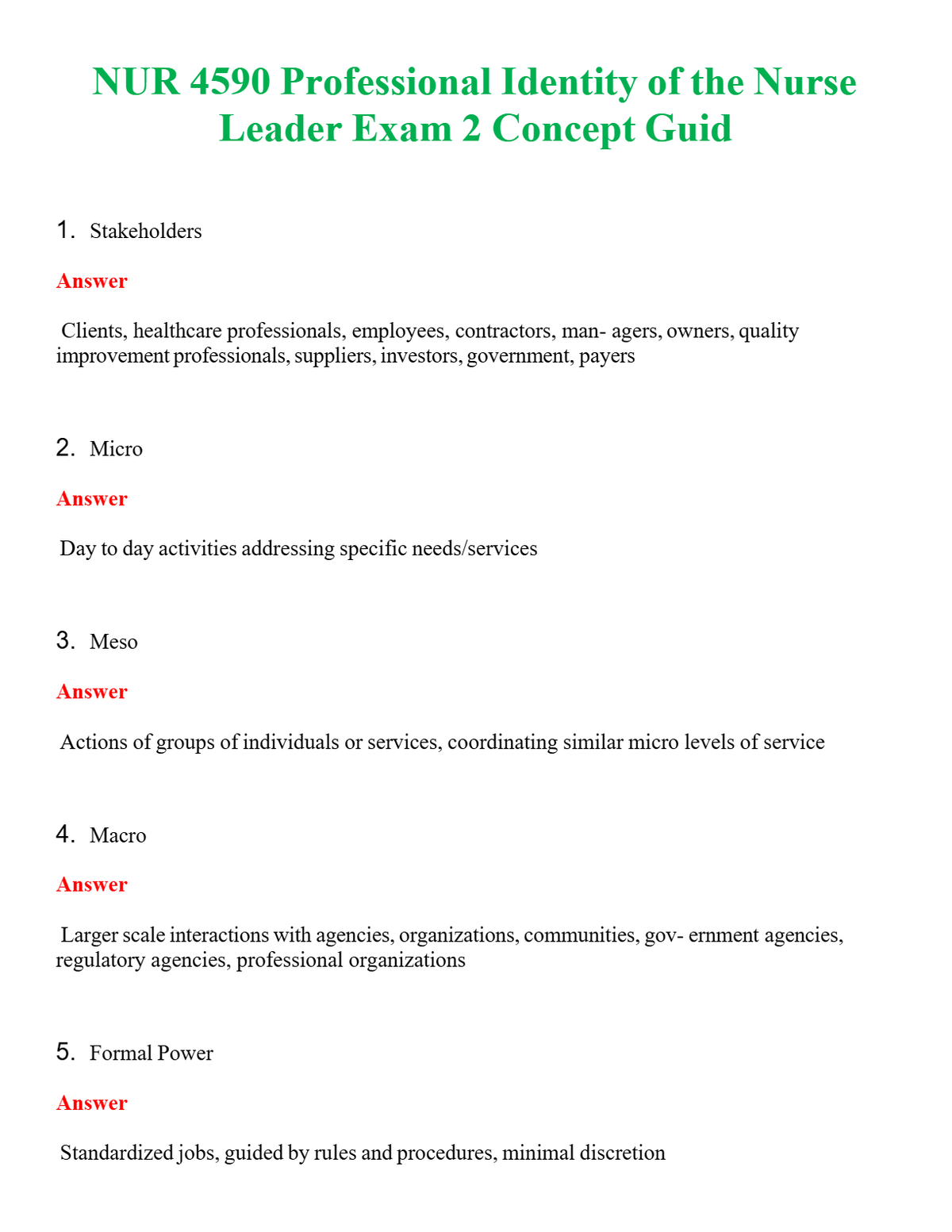 NUR 4590 PROFESSIONAL IDENTITY OF THE NURSE LEADER EXAM 2 CONCEPT GUIDE | A SOLVED 100% CORRECT