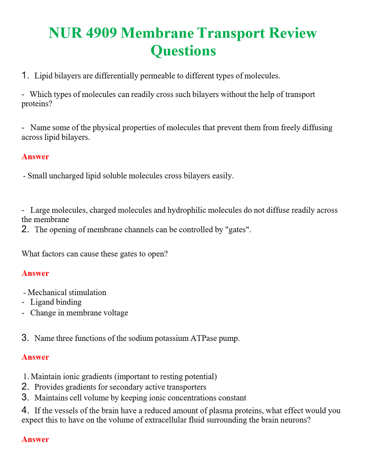 NUR 4909 MEMBRANE TRANSPORT REVIEW QUESTIONS | WITH 100% VERIFIED ANSWERS