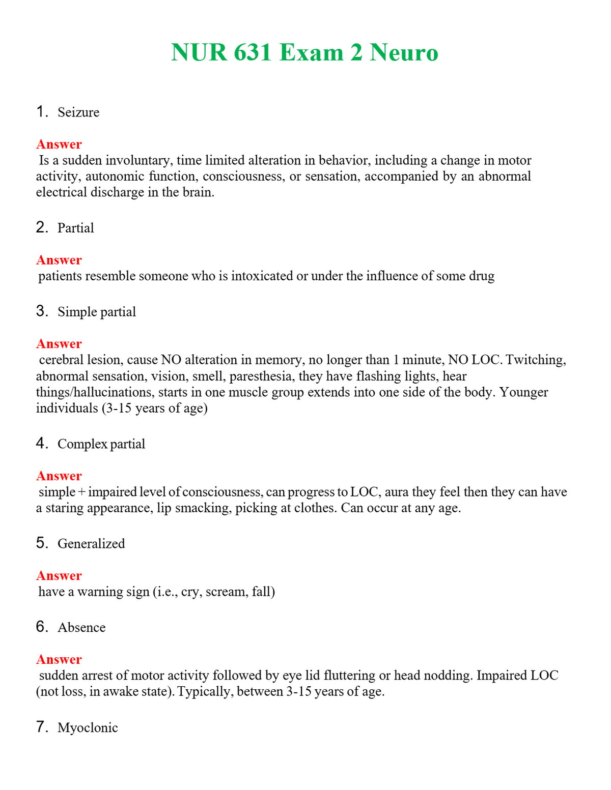 NUR 631 EXAM 2 NEURO | WITH 100% VERIFIED ANSWERS