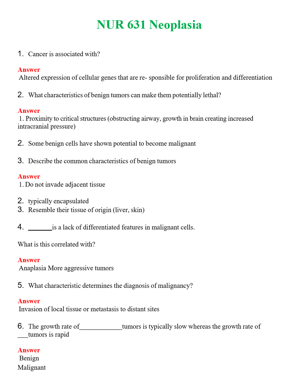 NUR 631 NEOPLASIA | GRADED A+ QUESTIONS AND ANSWERS (SOLVED)