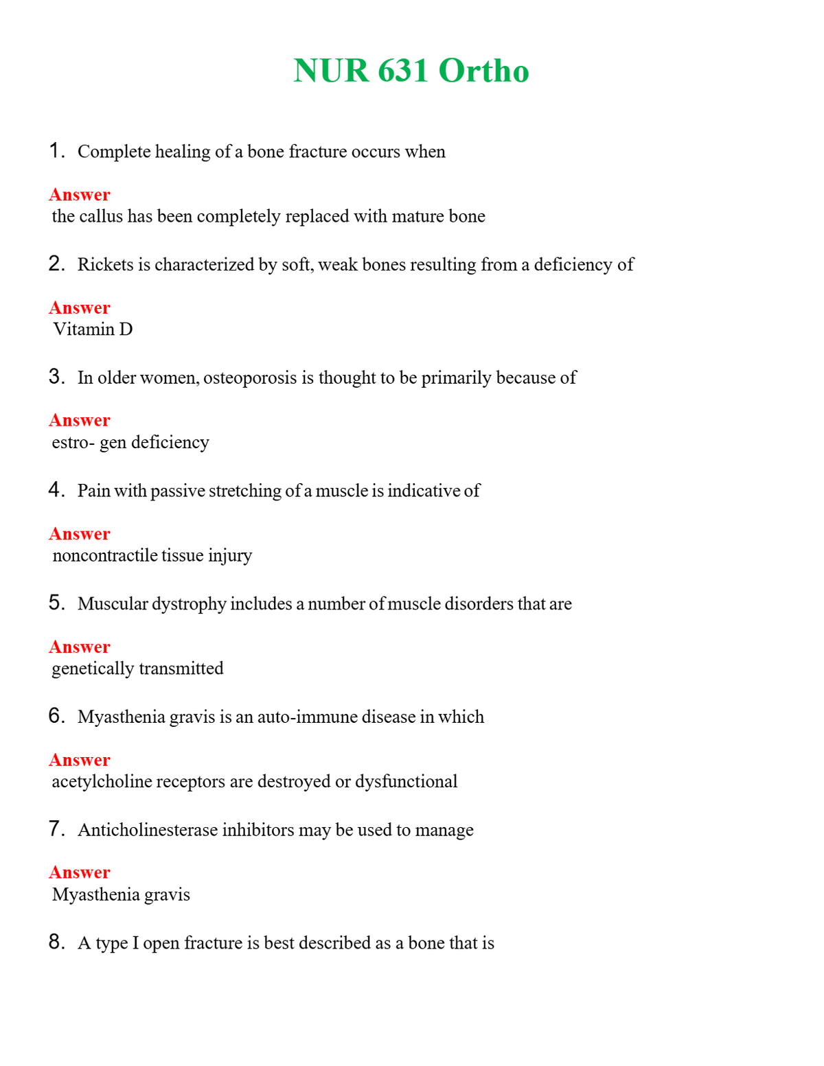 NUR 631 ORTHO | GRADED A+ QUESTIONS AND ANSWERS (SOLVED)