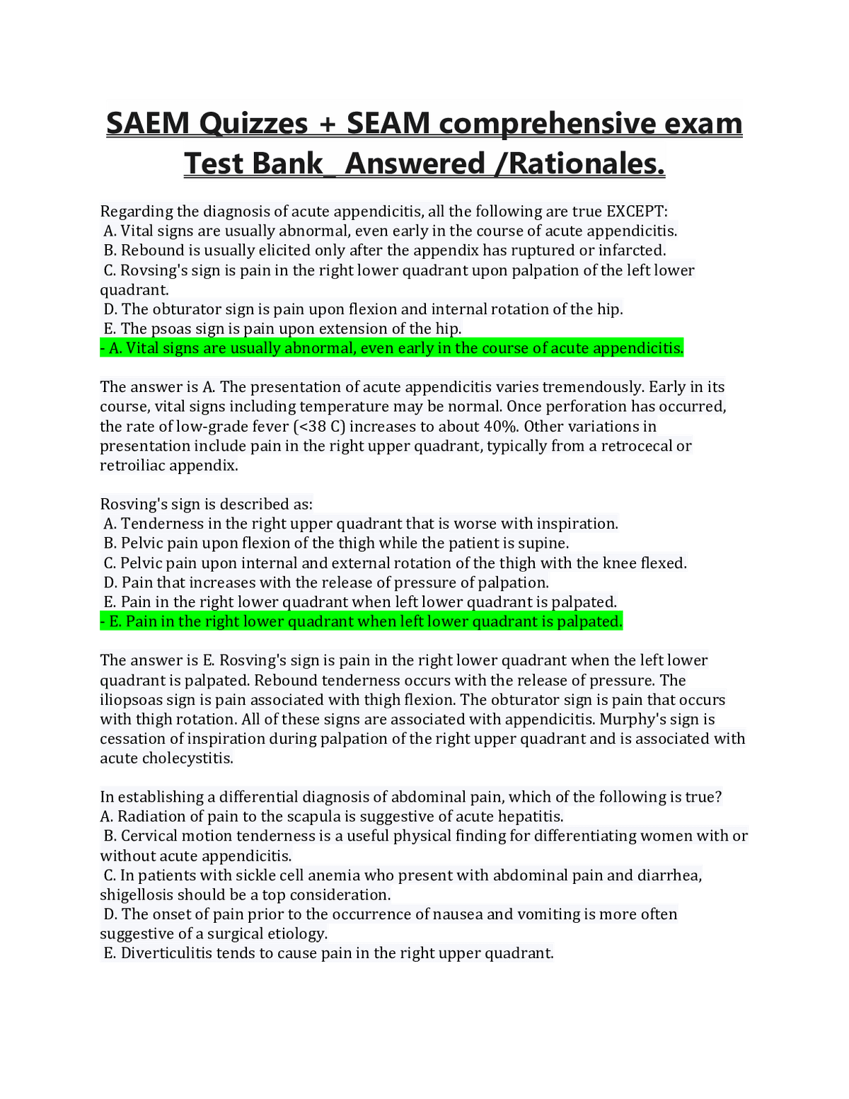 Emergency Medicine SAEM Quizzes, Comprehensive Exam test bank (answered correctly/deeply elaborated) .