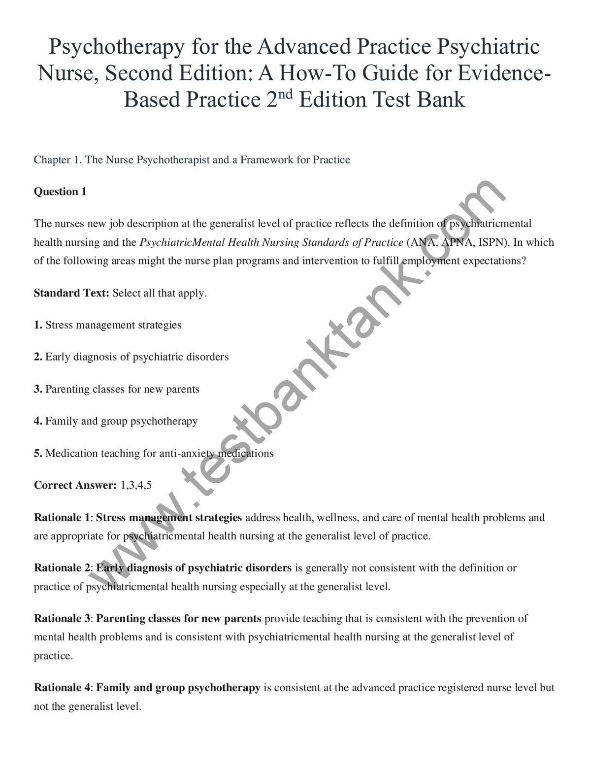 Test Bank Psychotherapy for the Advanced Practice Psychiatric Nurse, 2nd Edition Wheeler (complete all chapters)