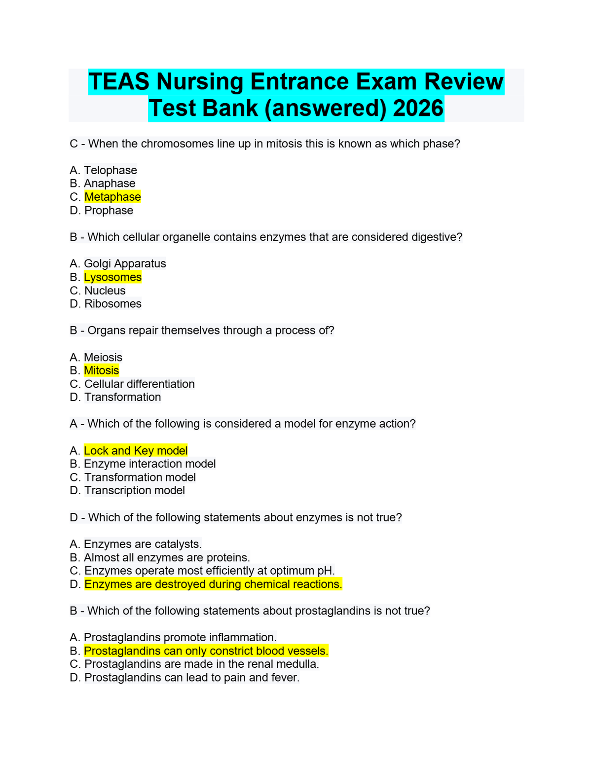 Complete TEAS Nursing Entrance Exam Review Test Bank (answered) _Distinction Level Assignment Has everything| Latest 2026.