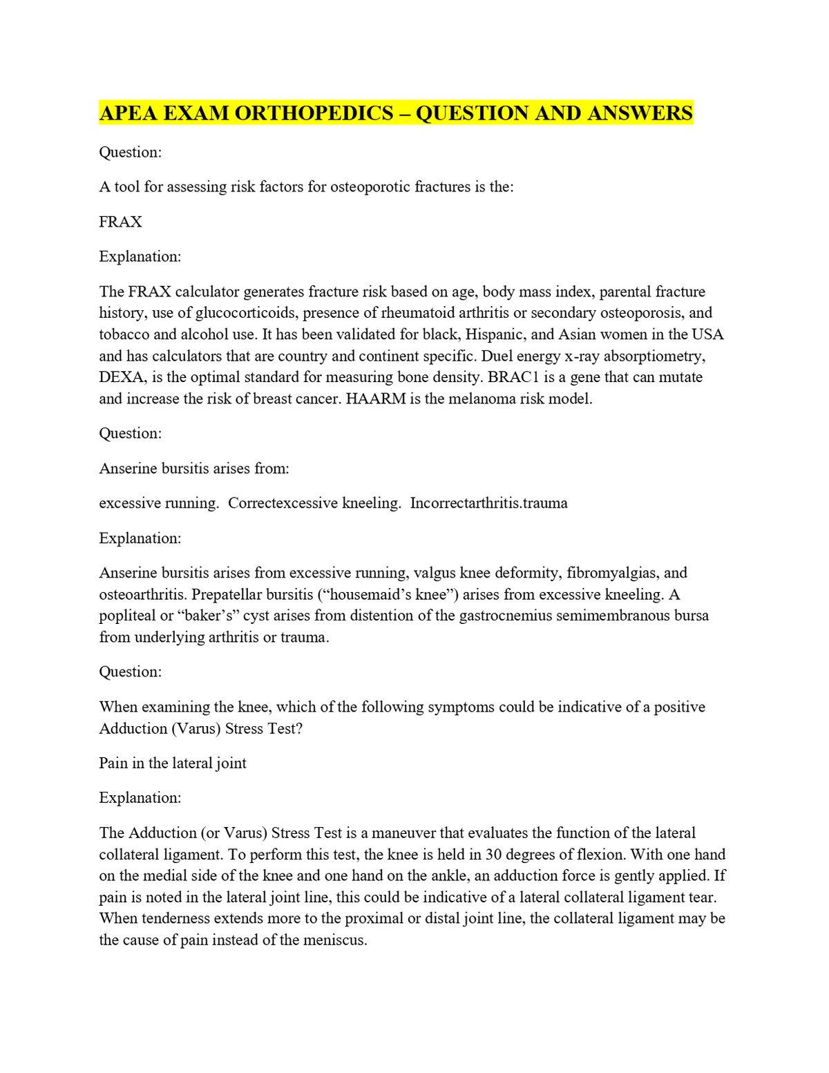 APEA EXAM ORTHOPEDICS – QUESTION AND ANSWERS | APEA Ortho Test bank