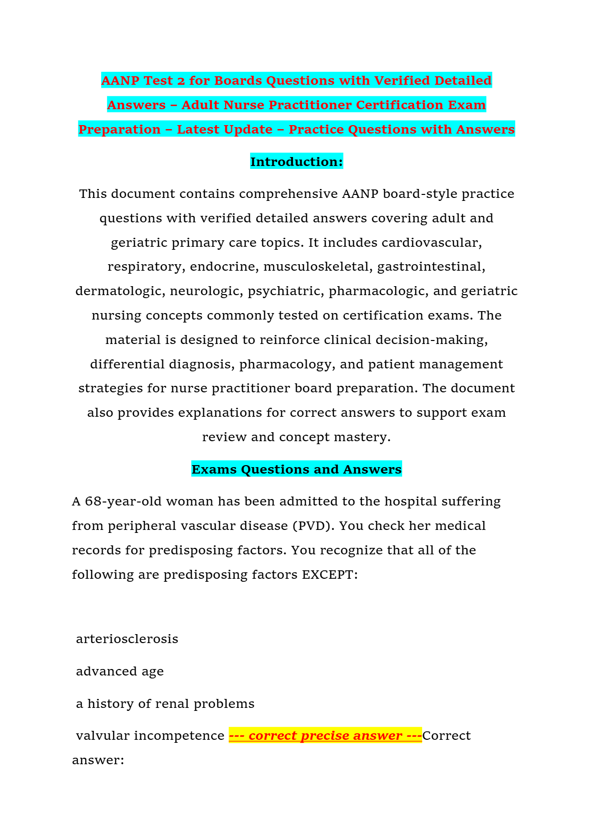 AANP Test 2 for Boards Questions with Verified Detailed Answers – Adult Nurse Practitioner Certification Exam