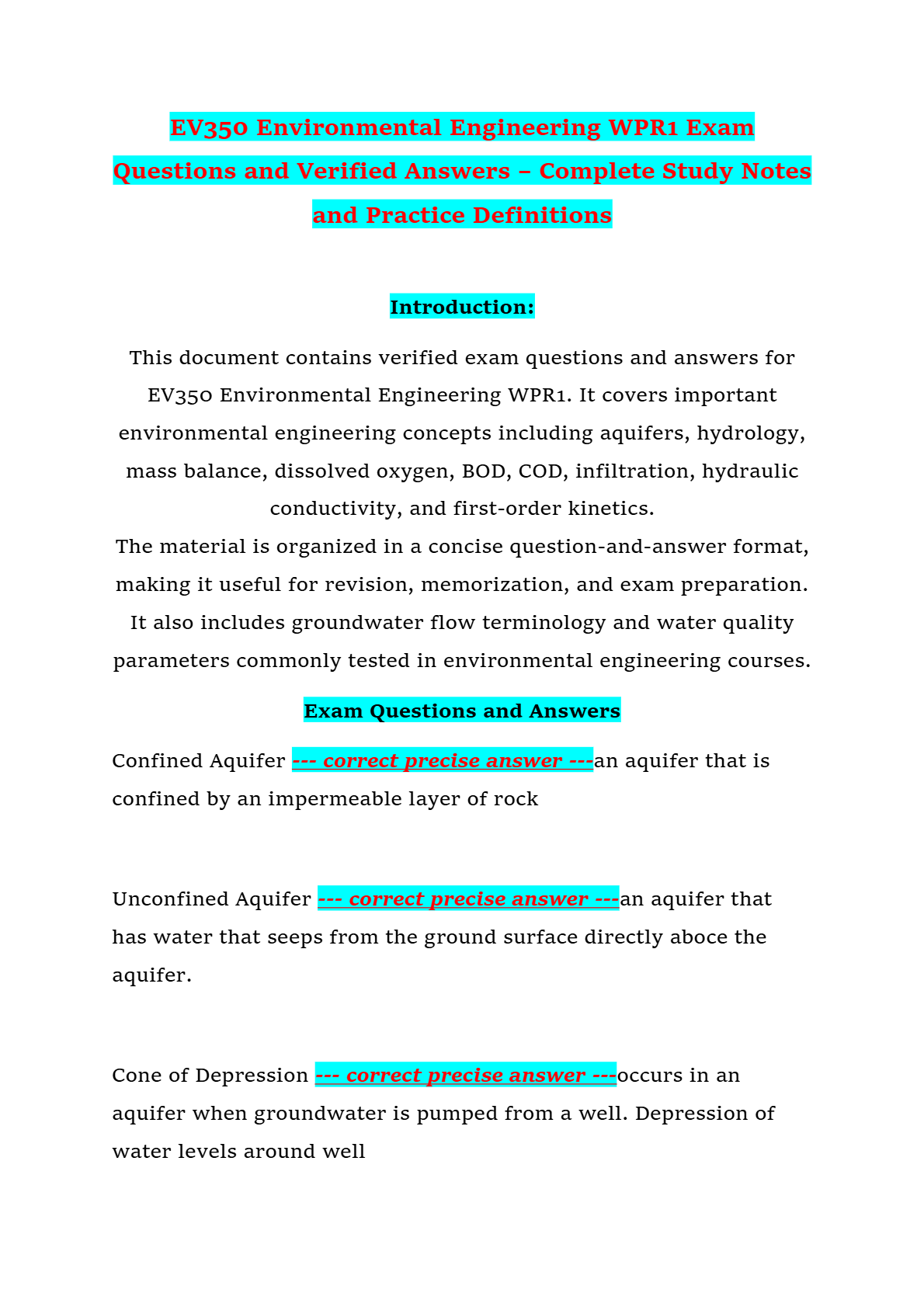 EV350 Environmental Engineering WPR1 Exam