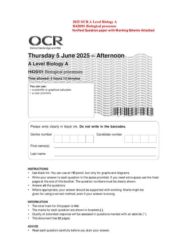 2025 OCR A Level Biology A H420/01 Biological processes Verified Question paper with Marking Scheme Attached