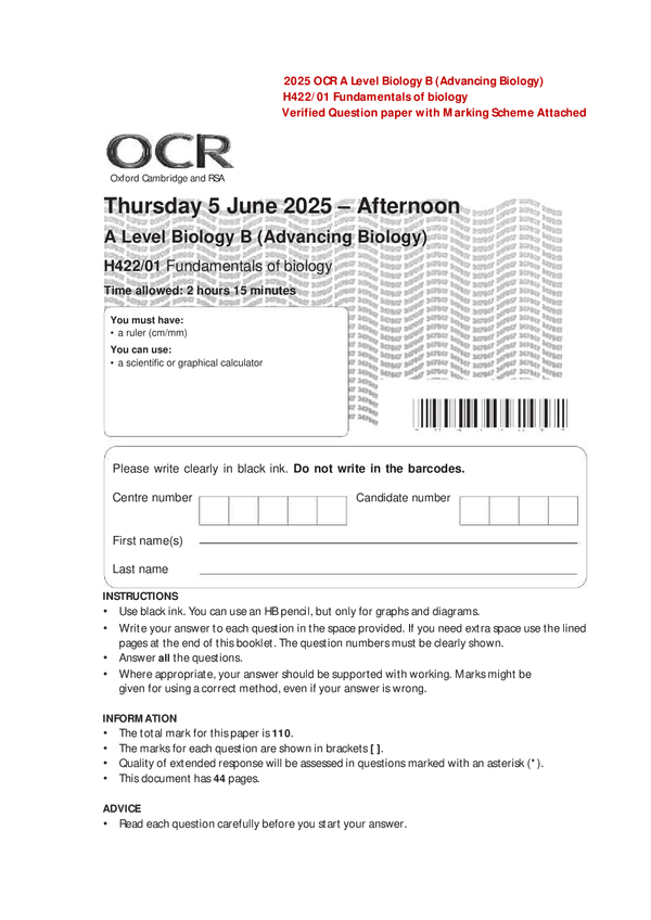 2025 OCR A Level Biology B (Advancing Biology) H422/01 Fundamentals of biology Verified Question paper with Marking Scheme Attached