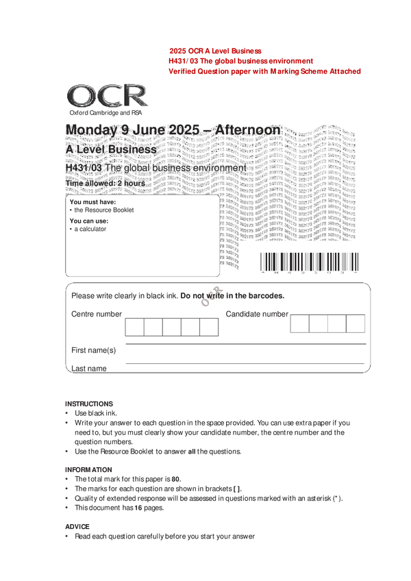 2025 OCR A Level Business H431/03 The global business environment Verified Question paper with Marking Scheme Attached