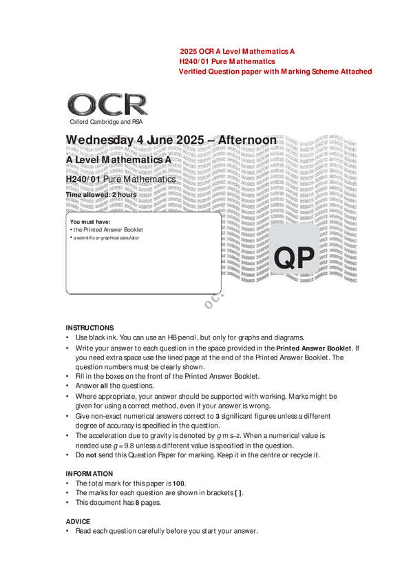 2025 OCR A Level Mathematics A H240/01 Pure Mathematics Verified Question paper with Marking Scheme Attached