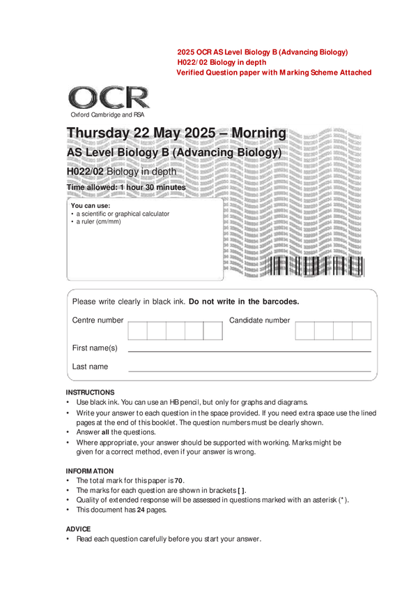 2025 OCR AS Level Biology B (Advancing Biology) H022/02 Biology in depth Verified Question paper with Marking Scheme Attached