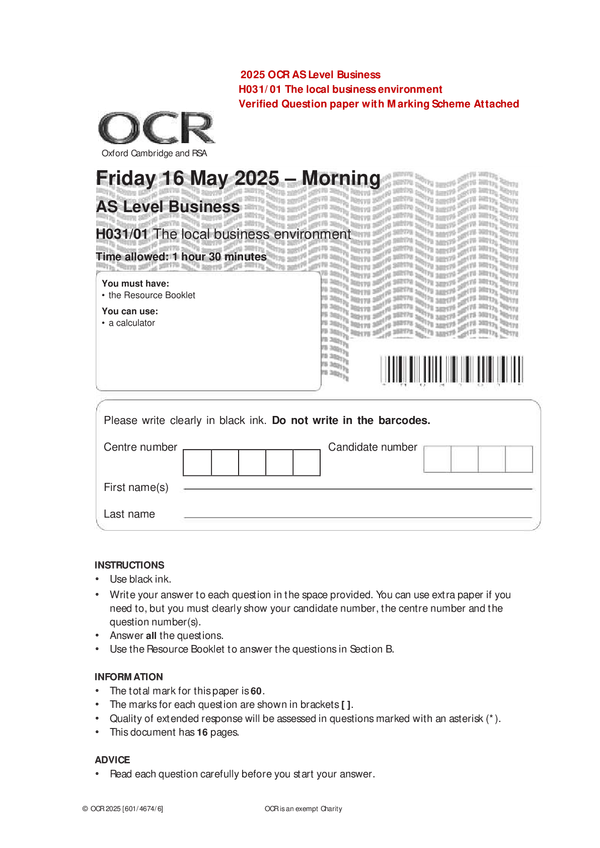 2025 OCR AS Level Business H031/01 The local business environment Verified Question paper with Marking Scheme Attached
