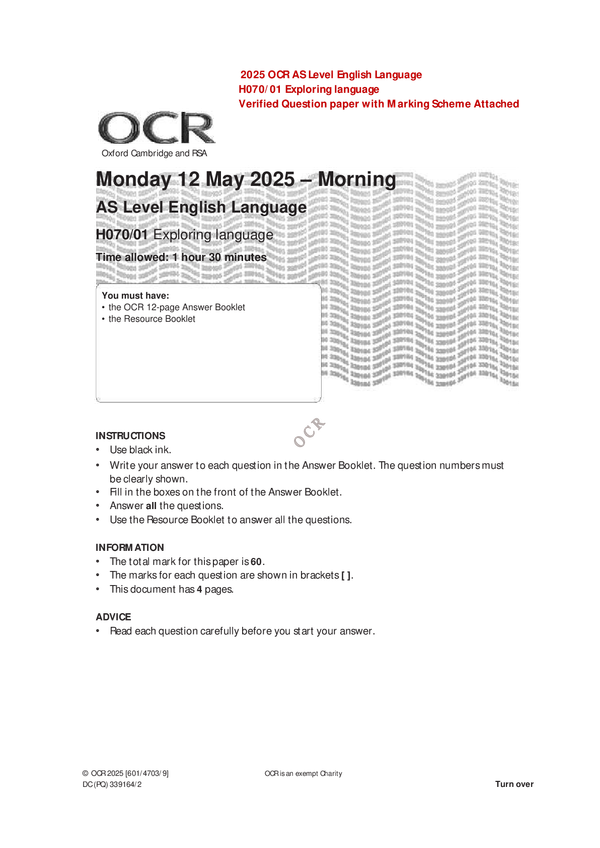 2025 OCR AS Level English Language H070/01 Exploring language Verified Question paper with Marking Scheme Attached