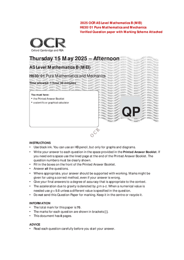 2025 OCR AS Level Mathematics B (MEI) H630/01 Pure Mathematics and Mechanics Verified Question paper with Marking Scheme Attached
