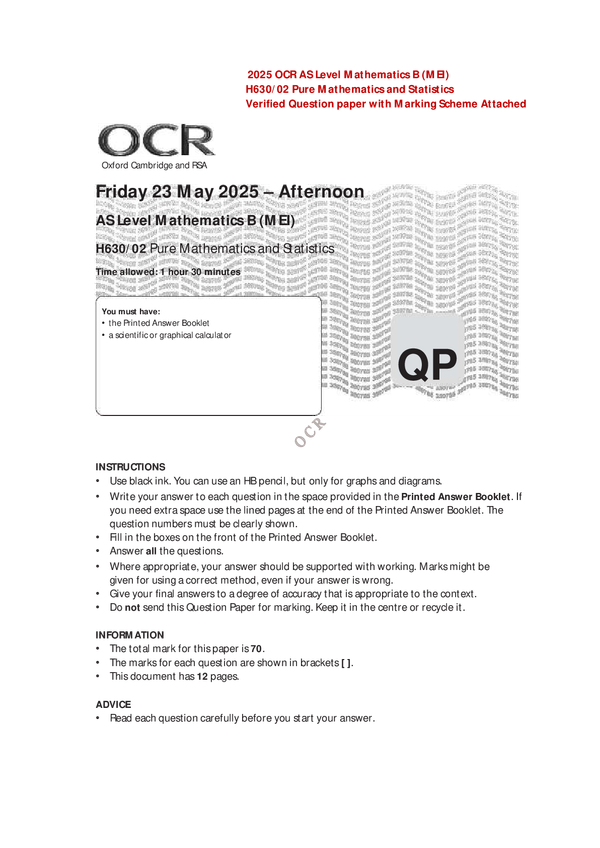 2025 OCR AS Level Mathematics B (MEI) H630/02 Pure Mathematics and Statistics Verified Question paper with Marking Scheme Attached