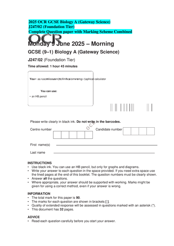 2025 OCR GCSE Biology A (Gateway Science) J247/02 (Foundation Tier) Complete Question paper with Marking Scheme Combined
