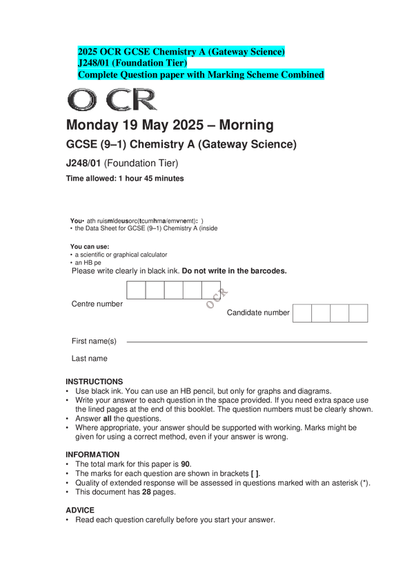 2025 OCR GCSE Chemistry A (Gateway Science) J248/01 (Foundation Tier) Complete Question paper with Marking Scheme Combined