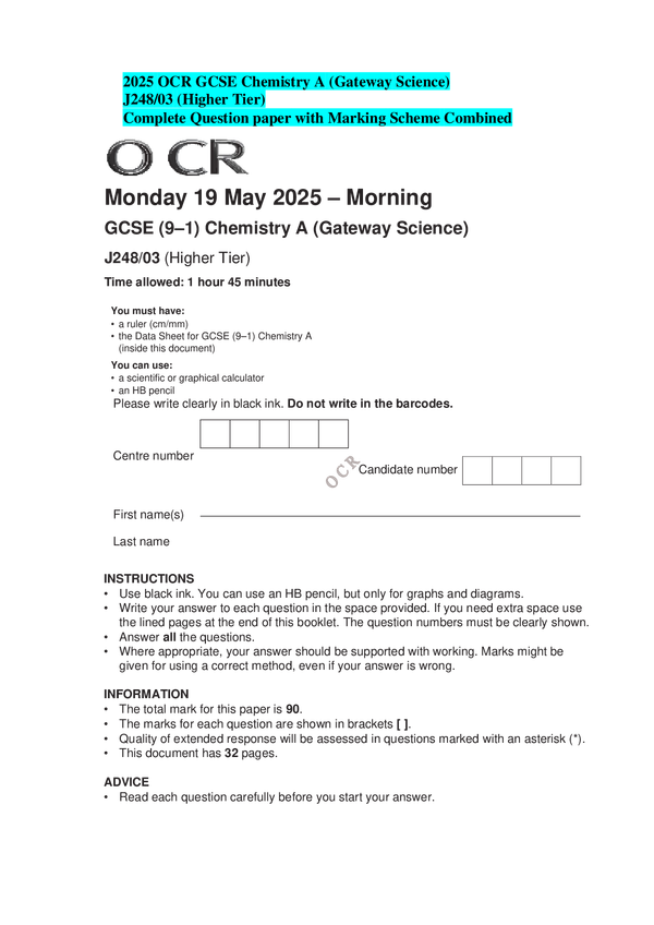 2025 OCR GCSE Chemistry A (Gateway Science) J248/03 (Higher Tier) Complete Question paper with Marking Scheme Combined