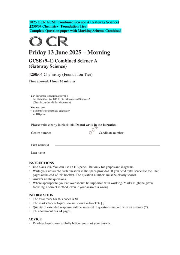 2025 OCR GCSE Combined Science A (Gateway Science) J250/04 Chemistry (Foundation Tier) Complete Question paper with Marking Scheme Combined