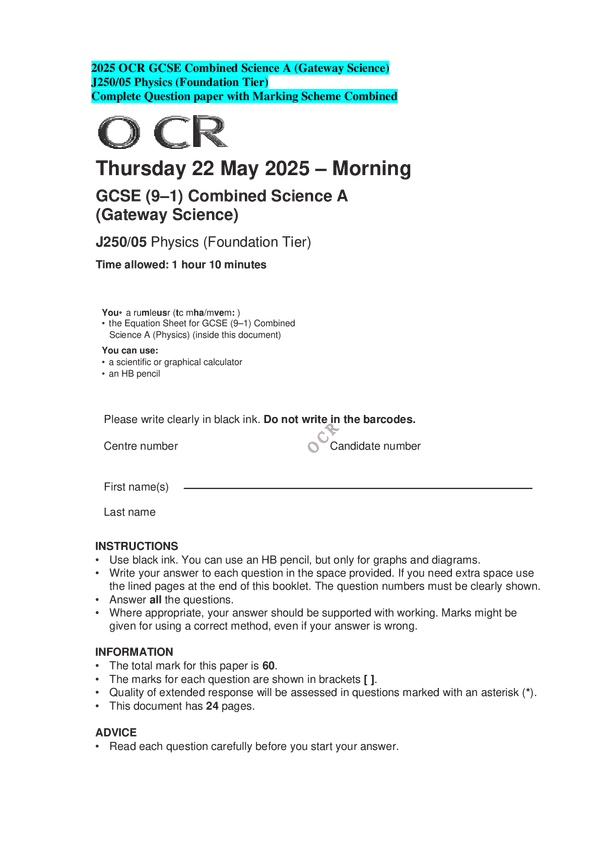 2025 OCR GCSE Combined Science A (Gateway Science) J250/05 Physics (Foundation Tier) Complete Question paper with Marking Scheme Combined